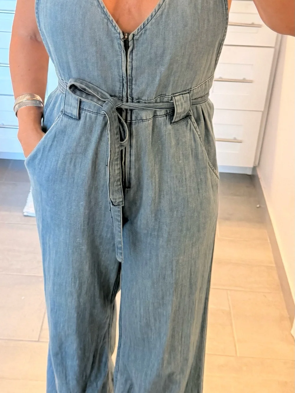 Free People Chambray Strapy Back Light Blue Denim Tie-Waist Jumpsuit